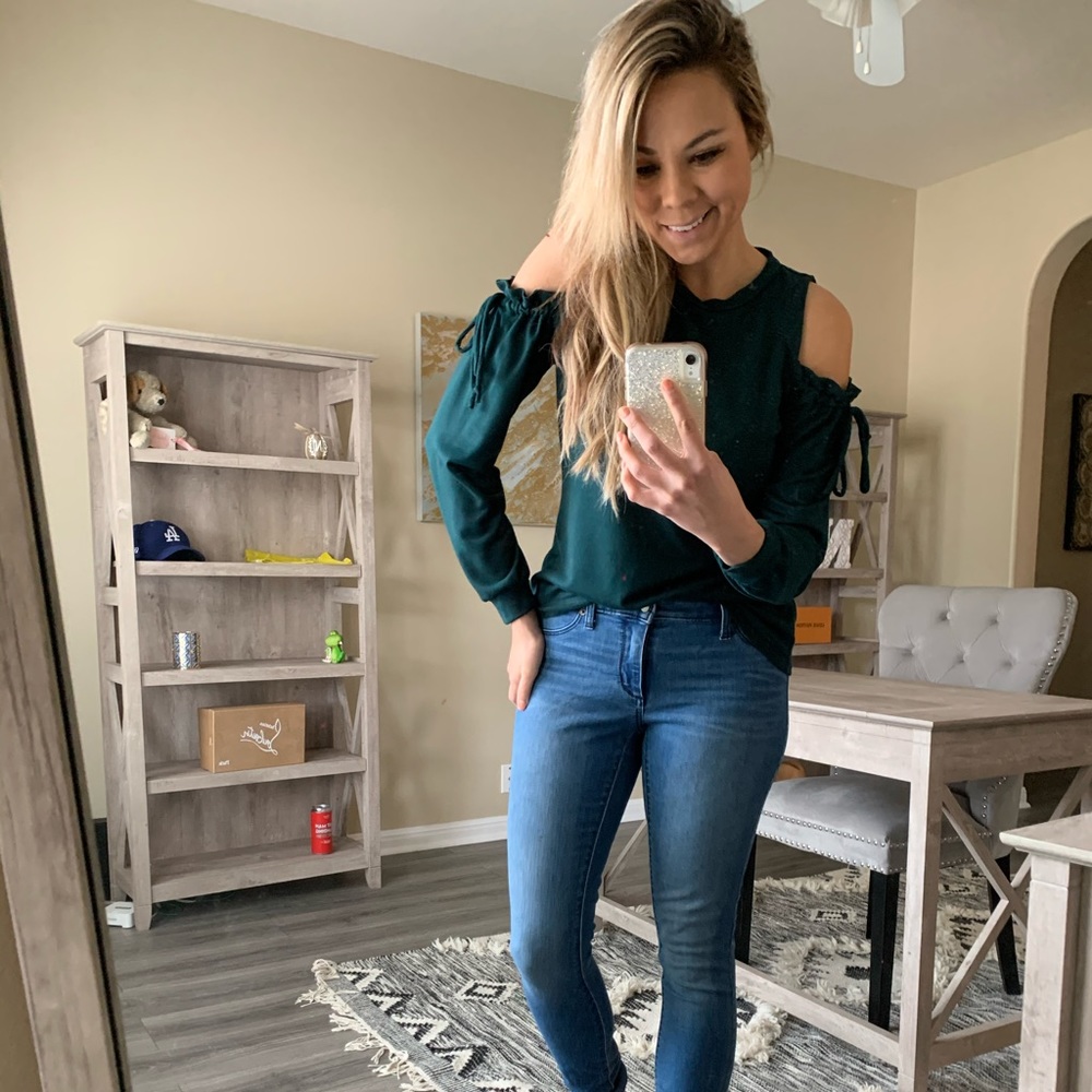 Dark green cut out shoulder top.